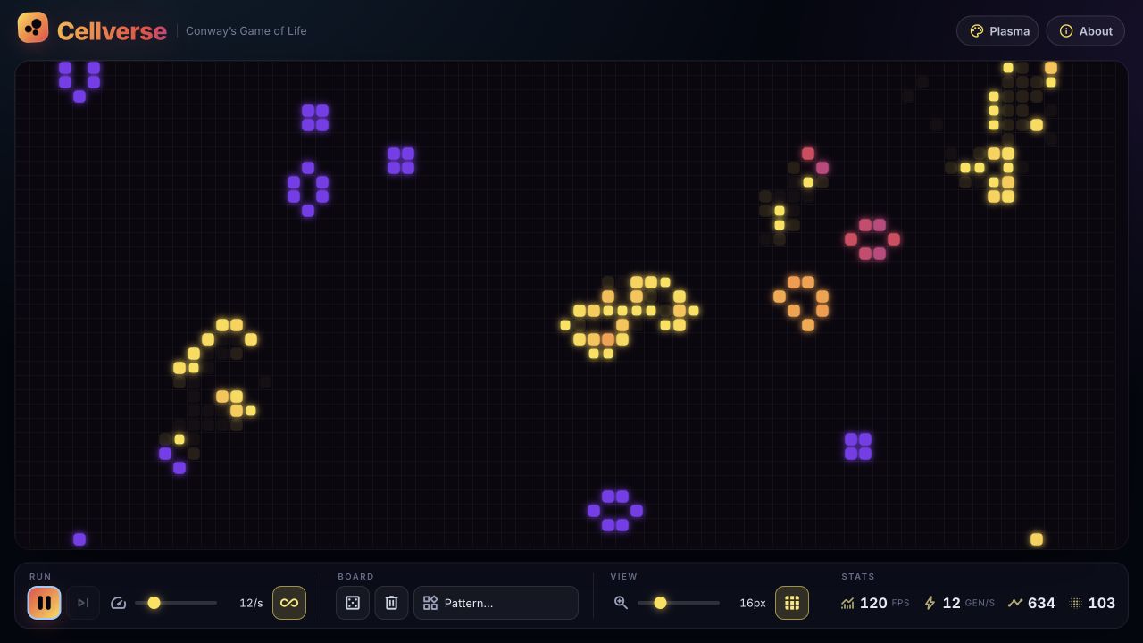 Cellverse running in the warm Plasma colour theme.